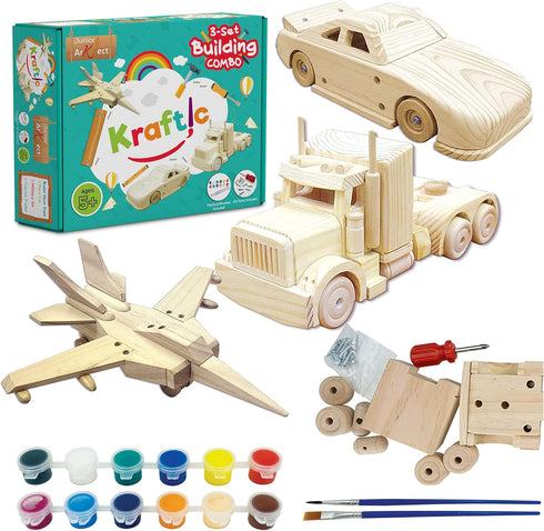 Kraftic Woodworking Building Kit for Kids and Adults - 3 Educational DIY Carpentry Projects, Wooden Military Jet, Race