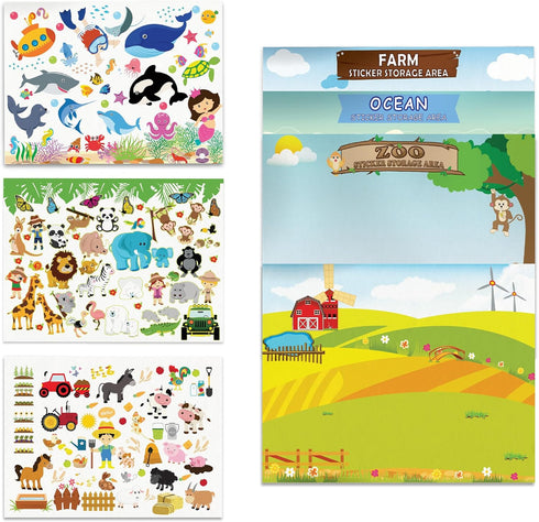 Giggles & Pebbles Educational Magic Sticker Pad Book for Kids, Reusable Non-Adhesive Stickers with Farm, Zoo, Ocean