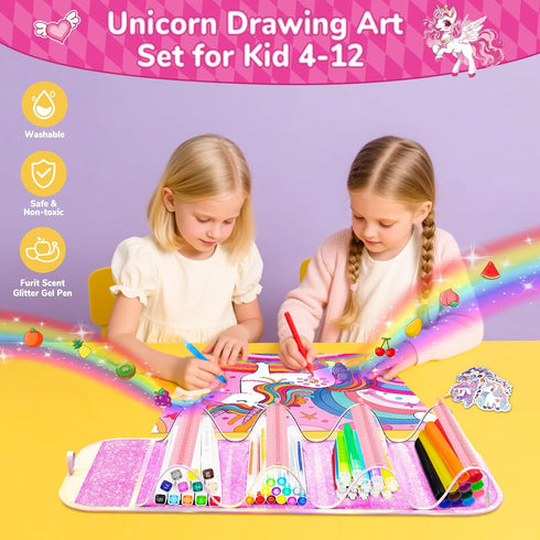 DreamyCandy 70PCS Set 4-6-8,Drawing Unicorn Washable Markers with Glitter Pencil Case,Art Supplies for Kids Ages
