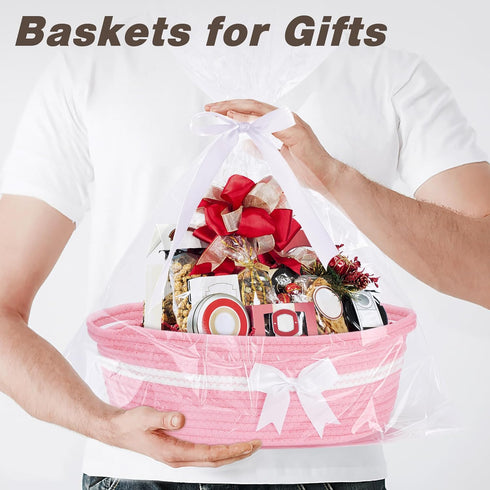 Gift Basket with Bow and Gift Bag, Simplicity Home Decor Rope Basket for Gifts, Empty Storage Basket, Pink