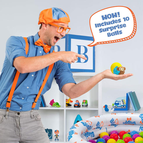 Blippi Ball Pit Mystery Adventure, Portable Indoor/Outdoor Inflatable Ball Pit, 35 Plastic Balls, 10 Surprise Balls