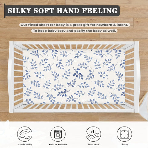 Winpema 28"x52" Blue Leaves Fitted Crib Sheet Plant Baby Crib Sheet Fit Standard Crib and Toddler Mattress,Crib