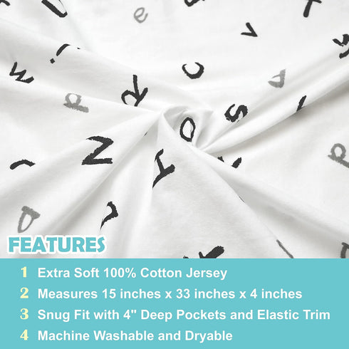 American Baby Company 15" x 33" Fitted Bassinet Sheet, 100% Natural Cotton Jersey Knit, Alphabet Print (Pack of 1)