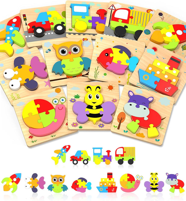 Yetonamr Wooden Toddler Puzzles - 12 Pack Jigsaw Montessori Educational Toys for 1-3 Years Old Boys Girls