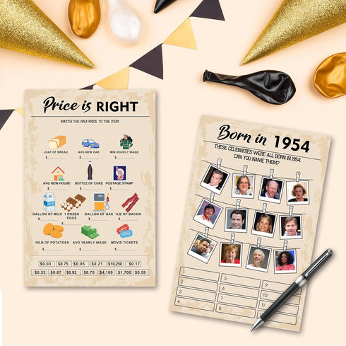 70th Birthday Party Games - Set of 2 Activities for 15 Guests, Born in 1954 Games Bundle, 30 Cards