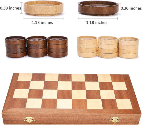 VAMSLOVE 14inch Checkers Folding Wooden Game Set, Classic 8x8 Checkerboard with Pieces Storage Slots (Instructions
