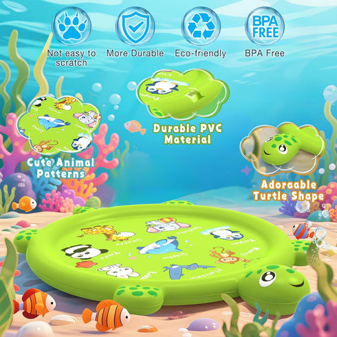 tmstorys 1-3, 67" Summer Splash Pad for Toddlers Turtle Sprinkler & Splash Play Mat, Inflatable Baby Kid Pool, Outdoor
