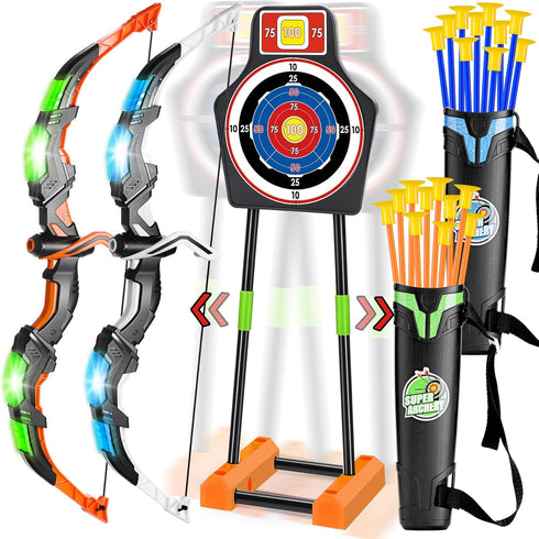2 Pack Bow and Arrow Set with Moving Standing Target, 20 Suction Cup Arrows in 2 Colors, Light Up Archery Toys for Kids