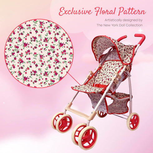 Baby Doll Stroller for Toddler Girls & Big Kids up to 8 Years - 28” Toy Stroller with Coral Floral Print