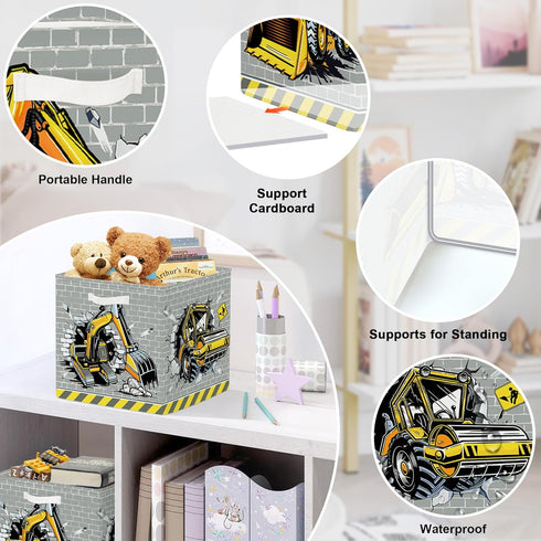 11.8" Set 3Pcs 3D Construction Vehicles Cube Storage Organizer Cars Cube Storage Bin for Bathroom/Bedroom Parent Book