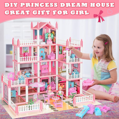 GirlDiary 4-Story 11 4 Set 3 4 5 6 7 8+ Doll House, Dream Dollhouse for Girls Pretend-Play DIY Dollhouse Kit - Rooms