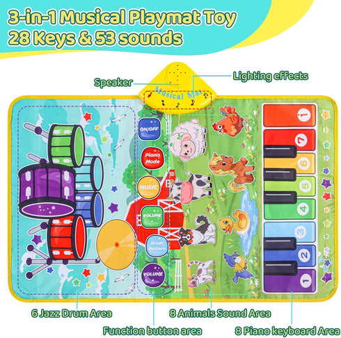 Zitranse 3-in-1 1 2 3 4 5 Musical Mats,Kids Floor Piano Drum Animal Music PlayMat,Montessori Sensory Early Educational