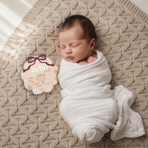 TTMerriwood Hello World Wooden Baby Birth Announcement Sign with Pink Bow, Cloud Shape Floral Newborn Name Date Time
