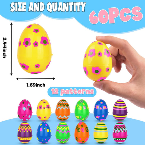 60 Pack 2.4 Inch Plastic Printed Easter Eggs, Fillable Empty Eggs Bulks for Easter Eggs Hunt, Easter Basket Stuffers