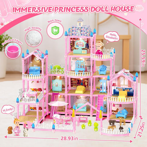 randhar 4-Story 15 2 3 4 5 6 7 8 9 10+ Doll House for Girls, Dream Dollhouse Rooms with Dolls, Lights, Animals