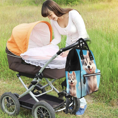Qewfoju Backpack Backpack Blue Sky Cute Wolf Print Diaper Bag Large Capacity Diaper Baby Changing Bags