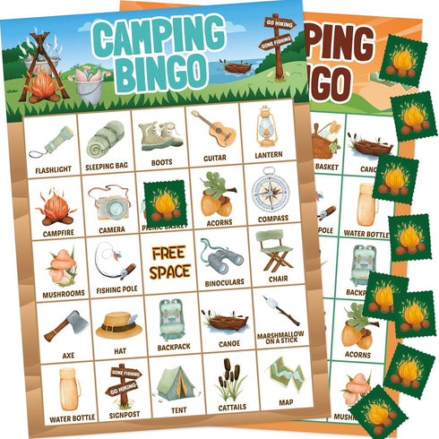 Camping Bingo Game for Kids, 24 Players Outdoor Party Camp Adventure Activities Supply