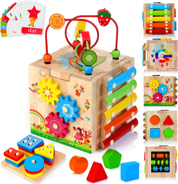 HELLOWOOD Wooden Activity Cube, 8-in-1 Montessori Baby Toys for 1+ Year Old