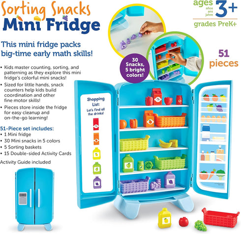 Learning Resources Mini Fridge Sorting Snacks, 51 Pieces, Educational Toddler Toys, Snack Toys, Kids Kitchen Accessories