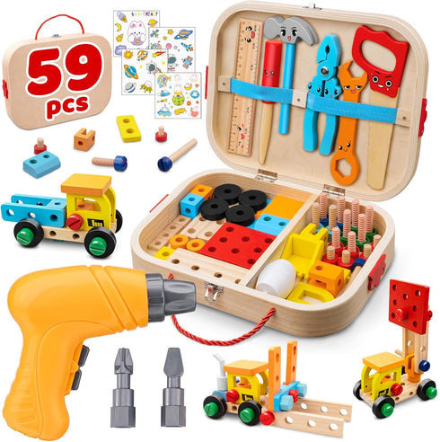 59Pcs Kids Tool Set Toy for Boys - Montessori STEM Wooden Play