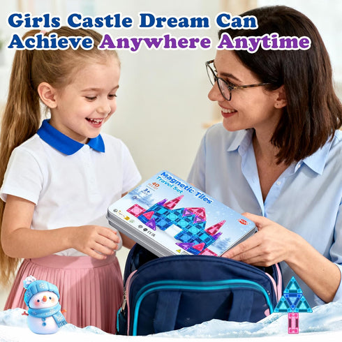 Set 40PCS 3 4-5 6-8, Mini Magnetic Tiles Travel with Iron Box Princess Castle Pretend Girl Play Toys Age Educational