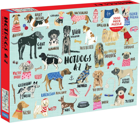 Mudpuppy Hot Dogs A-Z Puzzle, 1,000 Piece Dog Jigsaw Puzzle, 27”x20”, Perfect for Ages 8-99+, Family Puzzle to Celebrate Dogs, Illustrations of 26 Dog Breeds, Great Gift for Dog Lovers