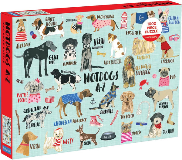 Mudpuppy Hot Dogs A-Z Puzzle, 1,000 Piece Dog Jigsaw Puzzle, 27”x20”, Perfect for Ages 8-99+, Family Puzzle to Celebrate Dogs, Illustrations of 26 Dog Breeds, Great Gift for Dog Lovers