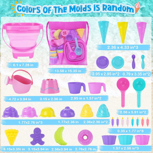 Ice Cream Beach Toys Sand Toys Set for Kids, Collapsible Sand Bucket and Shovels Set with Mesh Bag, Sandbox Toys for