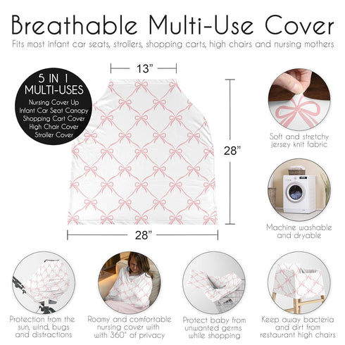 Sweet Jojo Designs Baby Car Seat Cover (Pink Bows) for Girls, Infant Multipurpose Nursing, Breastfeeding, High Chair
