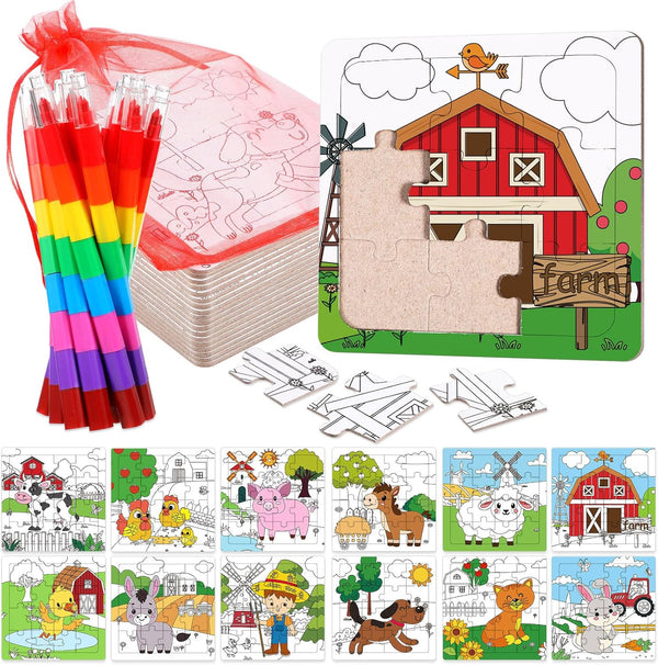 Fullhawl 12 Sets Farm Animal Puzzles Barnyard Color Your Own Puzzles DIY Barn