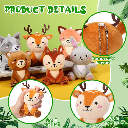 Aoriher 6 Pcs Mini Woodland Animals Plush Toys, 4 Inch Cute Plush Bear, Rabbit, Squirrel, Raccoon Keychains
