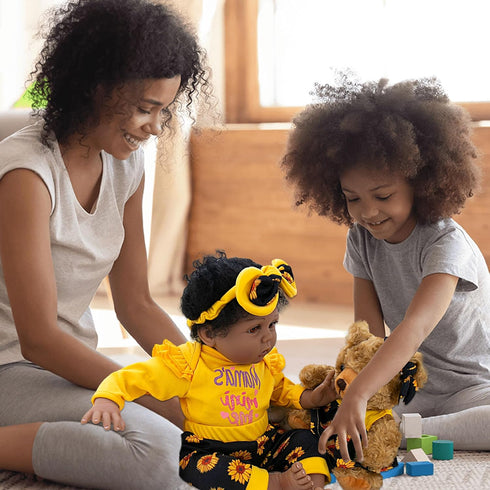 Lifelike Reborn Baby Dolls Black Girl - Realistic Newborn Dolls with Soft Poseable Body, Teddy Toy, Sunflower Clothes,