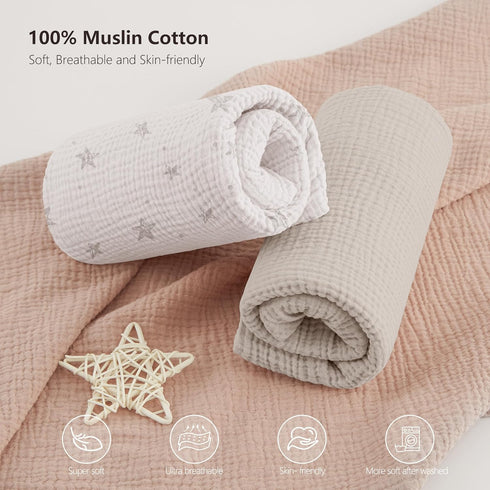 100% 52"x28" 2 Pack Bearmoss Muslin Crib Sheets - Cotton Baby Crib Sheets Fitted for Standard Crib Mattress & Toddler