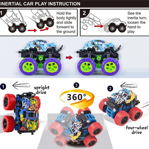 Push and Go Friction Powered Car, 4 Pack Monster Toys Truck Set for Boys 3-7 Years Old