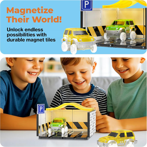 Pack 2 Set 3+ PTR07 PicassoTiles Magnetic Tiles Race Car Track Kit Parking Garage Expansion with Cars Magnet Tile