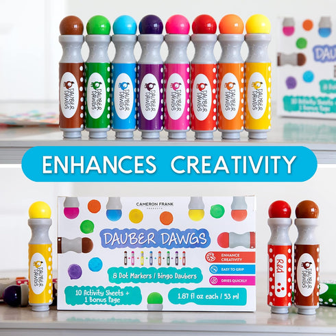 Cameron Frank Products Dot Markers for Toddlers 1-3, Set of 8 Washable Dot Paints with Activity Book PDFs