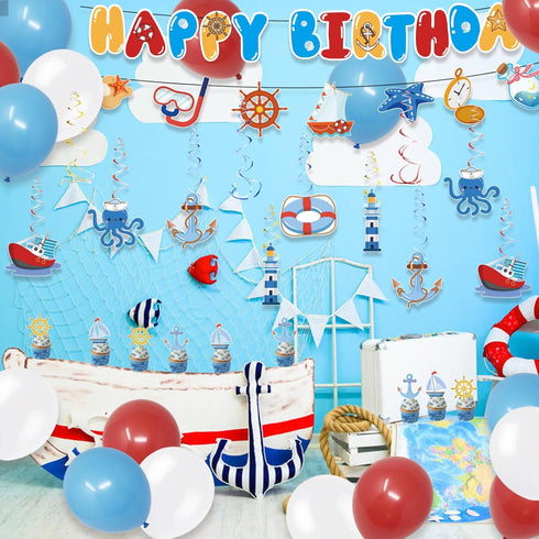 PRATYUS Nautical Party Decorations for Boys, Girls, Adults - Anchor Sailboat Theme Supplies with Banner, Cake Topper,