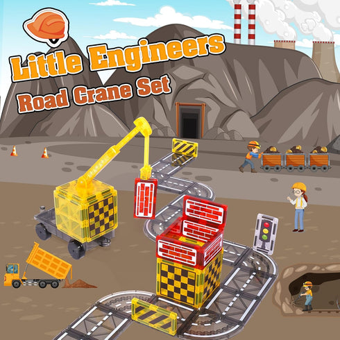 Magnetic Tiles Kids Construction Toys - Road Set with Magnet Crane for Boys Age 3-10, Building Blocks Expansion Pack