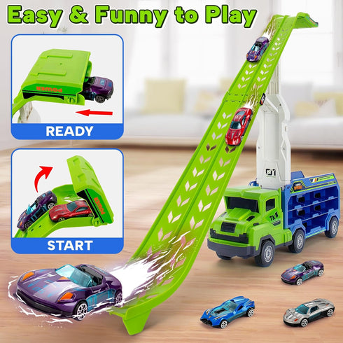 3 4 5 6 7 8 2 Playset 25-in 6 Kids Toys for Years Old Boys, Carrier Truck Transport Car Toys, Foldable Layer Car Race