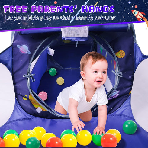 3pc Space Ship Kids Play Tent, Crawl Tunnel, Ball Pit for Toddlers, Indoor Outdoor Playhouse for Ages 3-7