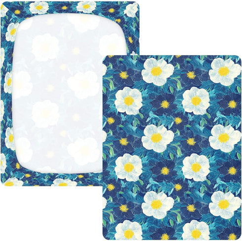 decor gift 1 Pack Woodblock Print Style Blue White Flowers Crib Sheets for Baby Boys Girls Cotton Baby Playard Sheet