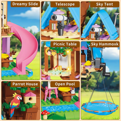 Set 731PCS Hammock, 6-12 Treehouse Building Compatible with Friends, Girls Forest Tree House Building Kit Toys with LED