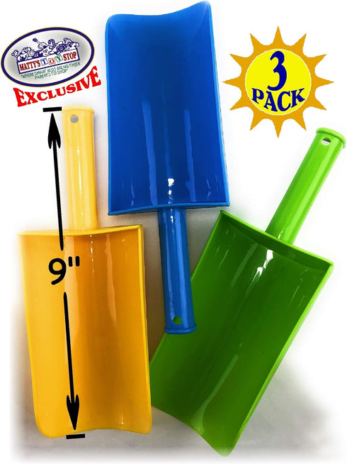 9" Set 3 Pack Matty's Toy Stop Kids Short Handle Sand Scoop Plastic Shovels for Sand & Beach (Yellow, Blue & Green)