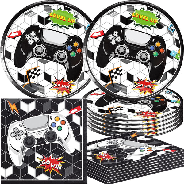 40Pcs Video Game Party Supplies, 20 Plates and 20 Napkins for Space Theme Birthday Decoration