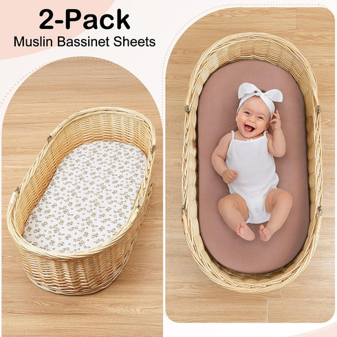 2 Pack Baby Bassinet Sheets TPU Waterproof Soft Muslin Bedside Bassinet Mattress Sheets with Bottom Elastic Band