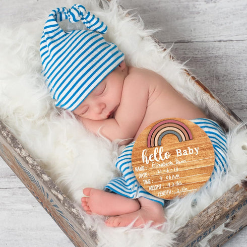 Wooden Baby Birth Announcement Sign Rainbow Baby Name Sign with Marker Pen Baby Arrival Sign Welcome Newborn Sign