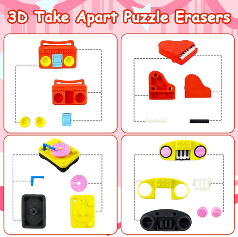 30 3D pcs Musical Erasers for Kids Classroom PrizesPuzzle Eraser Take Apart Musical Instrument Pencil Erasers for Kids