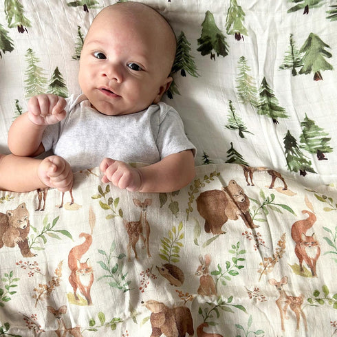 LifeTree Muslin Swaddle Blankets, Baby Boy Swaddle Blanket and Hat Set with Birth Announcement Card, Woodland Animals