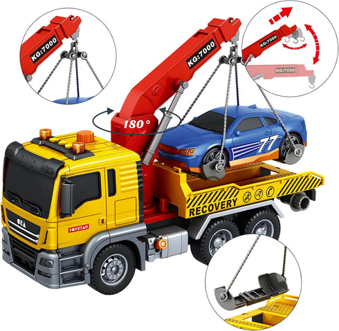 15 Inch Set 8-10 Friction Powered Large Tow Truck Toy with Lights & Sounds, Movable Crane Arm, Tow Mater Tilt Ramp