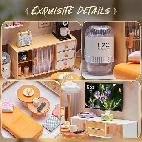 92Pcs 1:24 8+ Miniature Living Room DIY Kit Scale Dollhouse Furniture with LED Light, Modular Scene Connector